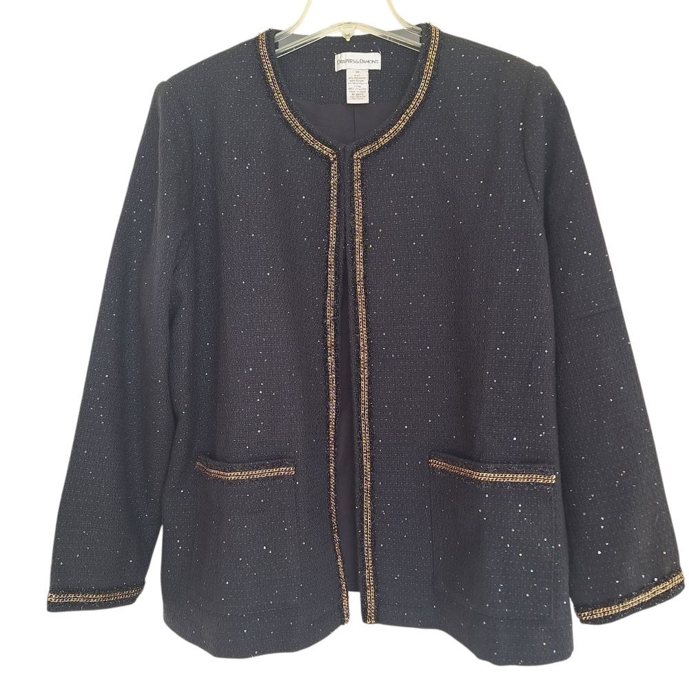 Metallic Trim Black Tweed Blazer Special Occasion Jacket Subtle Sparkles 1X